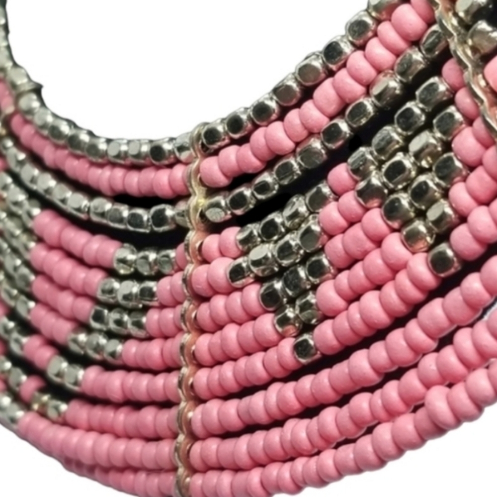 Anthropologie Layered Seed Bead Bib Necklace | Coral & Bronze Geometric - Picture 2 of 4
